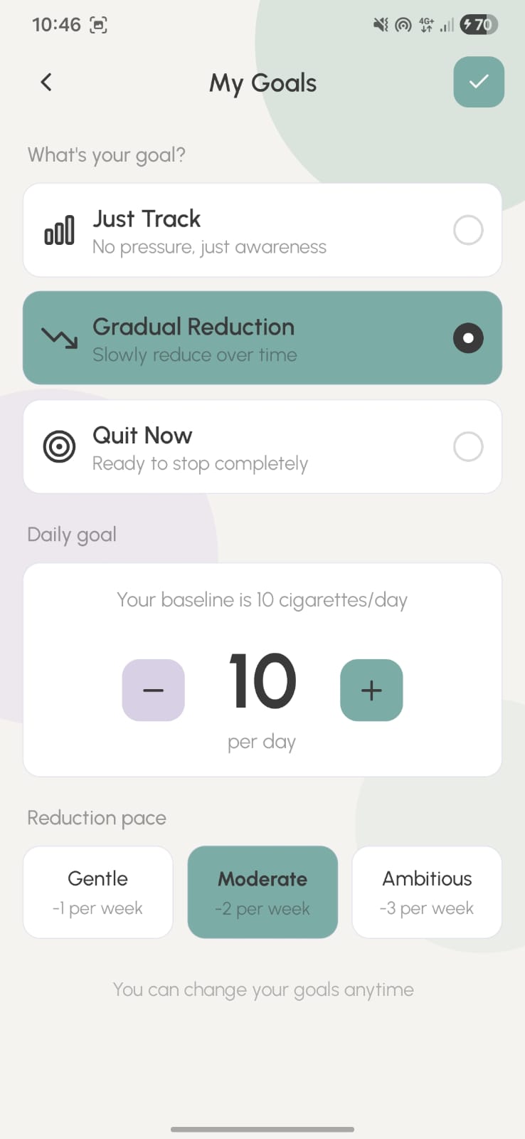 Breathe App Goals Screen showing personalized targets
