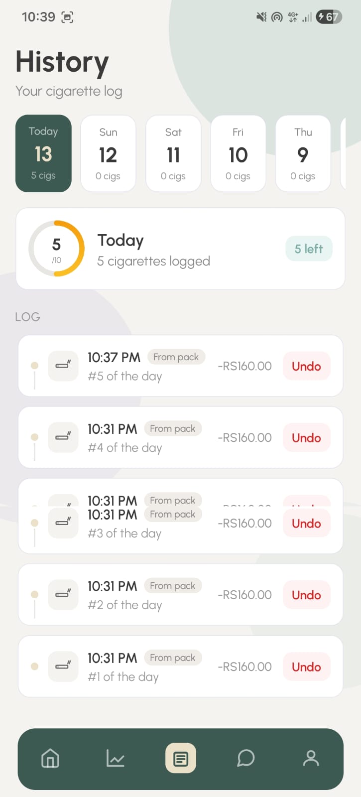 Breathe App History Screen showing past entries and patterns