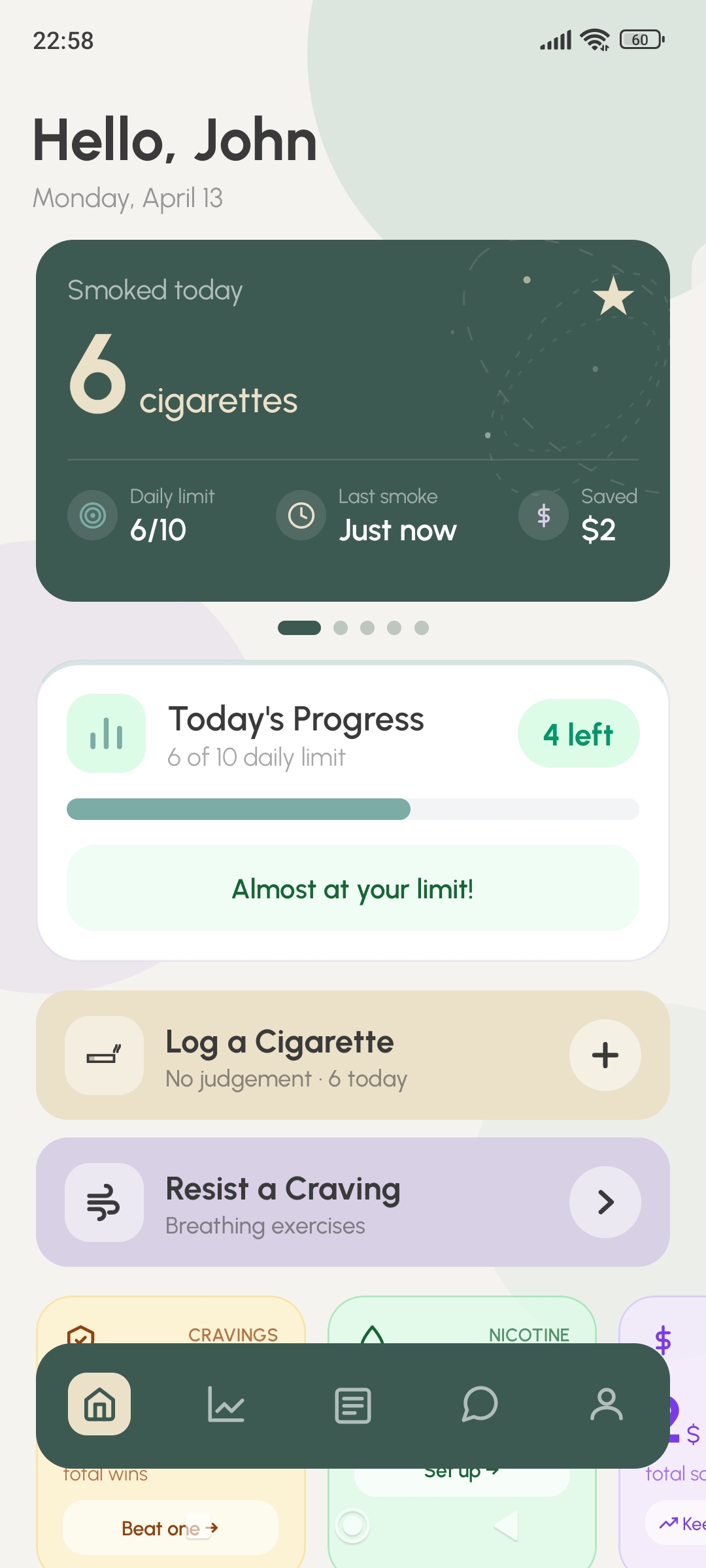 Breathe App Home Screen showing daily progress and statistics