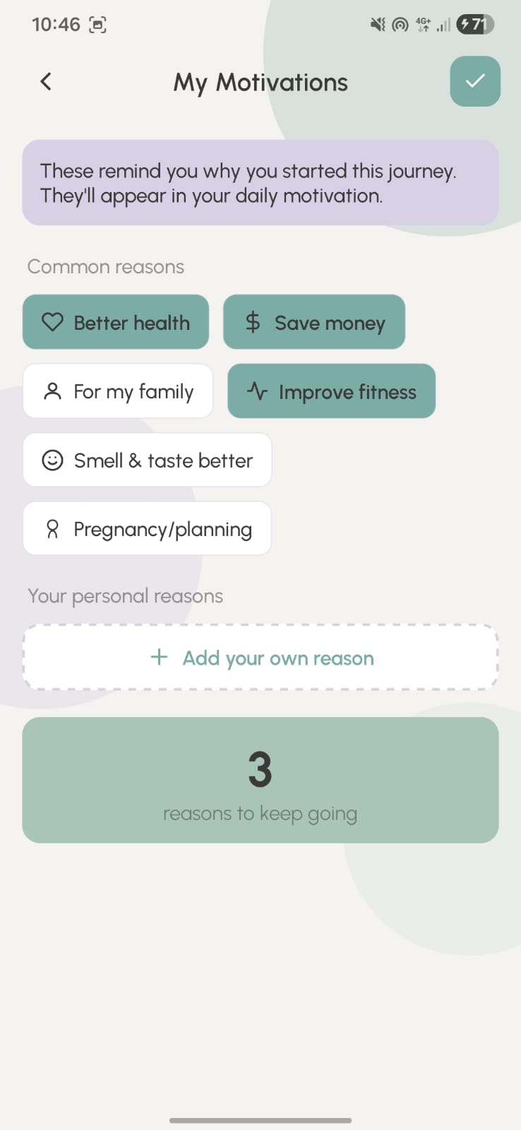 Breathe App Motivations Screen with personalized encouragement